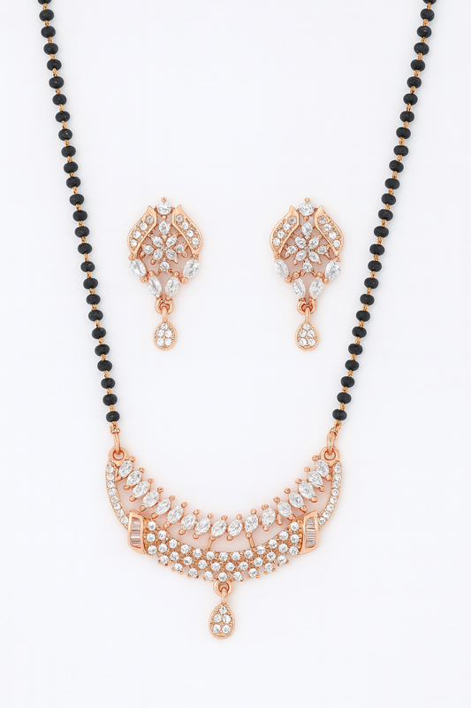 Rose Gold-Plated Designer Mangalsutra with Matching Earrings | CZ Stone Bridal Set