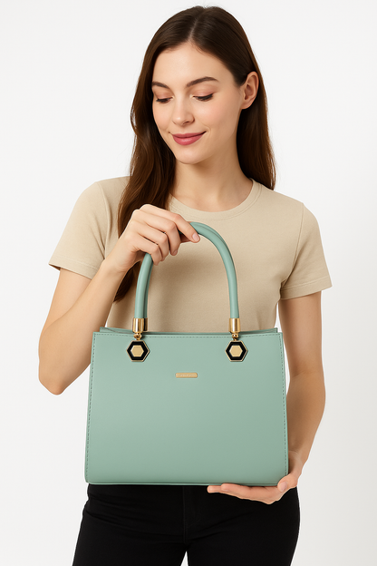 KATE Elegant Mint Green Structured Handbag with Gold Hexagon Handles – Premium Faux Leather Purse for Women
