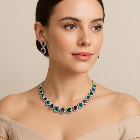 Regal Round-Cut Multicolor Stone Necklace & Earrings Set – Green, Purple & Diamond Accents