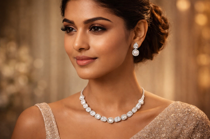 Silver-Plated Diamond Look Pearl Necklace Set with Earrings – Elegant Wedding & Party Wear Jewellery