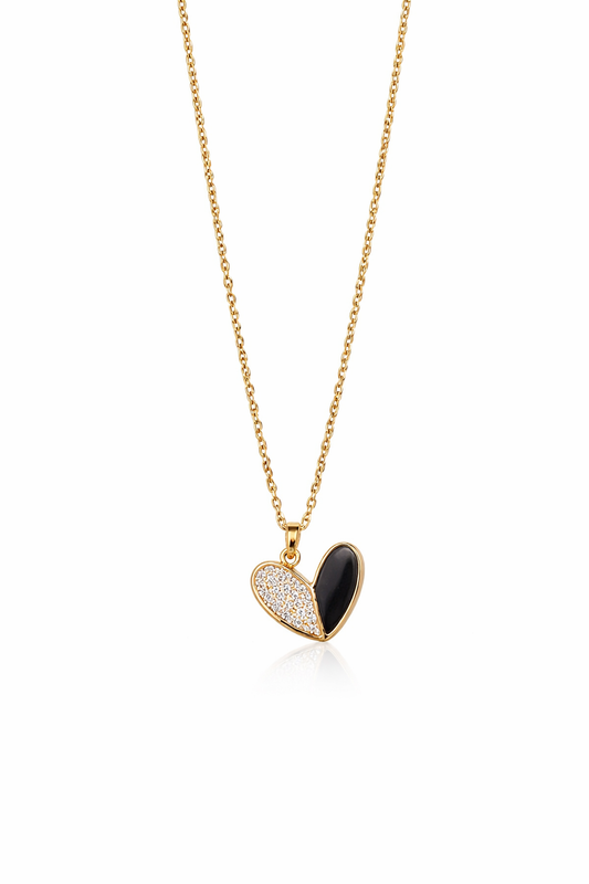 Gold-Plated Dual Tone Heart Pendant Necklace for Women – CZ & Black Enamel Romantic Jewellery