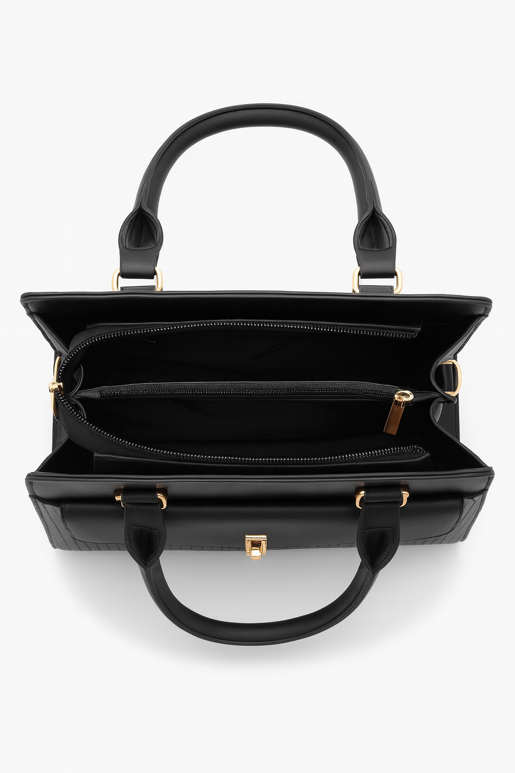 UNIQFEEL Elegant Black Structured Handbag with Front Flap Pocket & Gold Accents