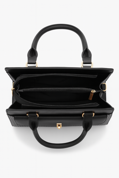 UNIQFEEL Elegant Black Structured Handbag with Front Flap Pocket & Gold Accents