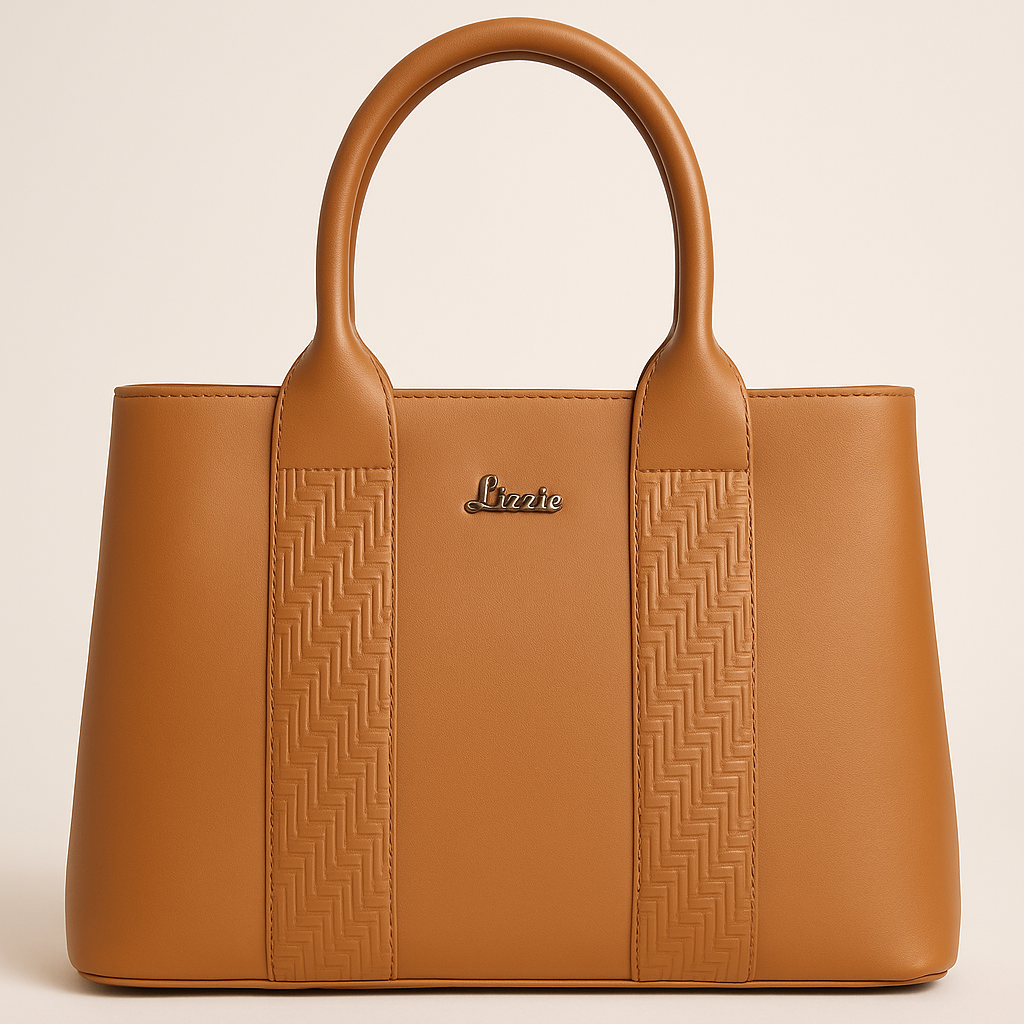 LIZZIE Tan Textured Panel Faux Leather Handbag – With Detachable Sling Strap