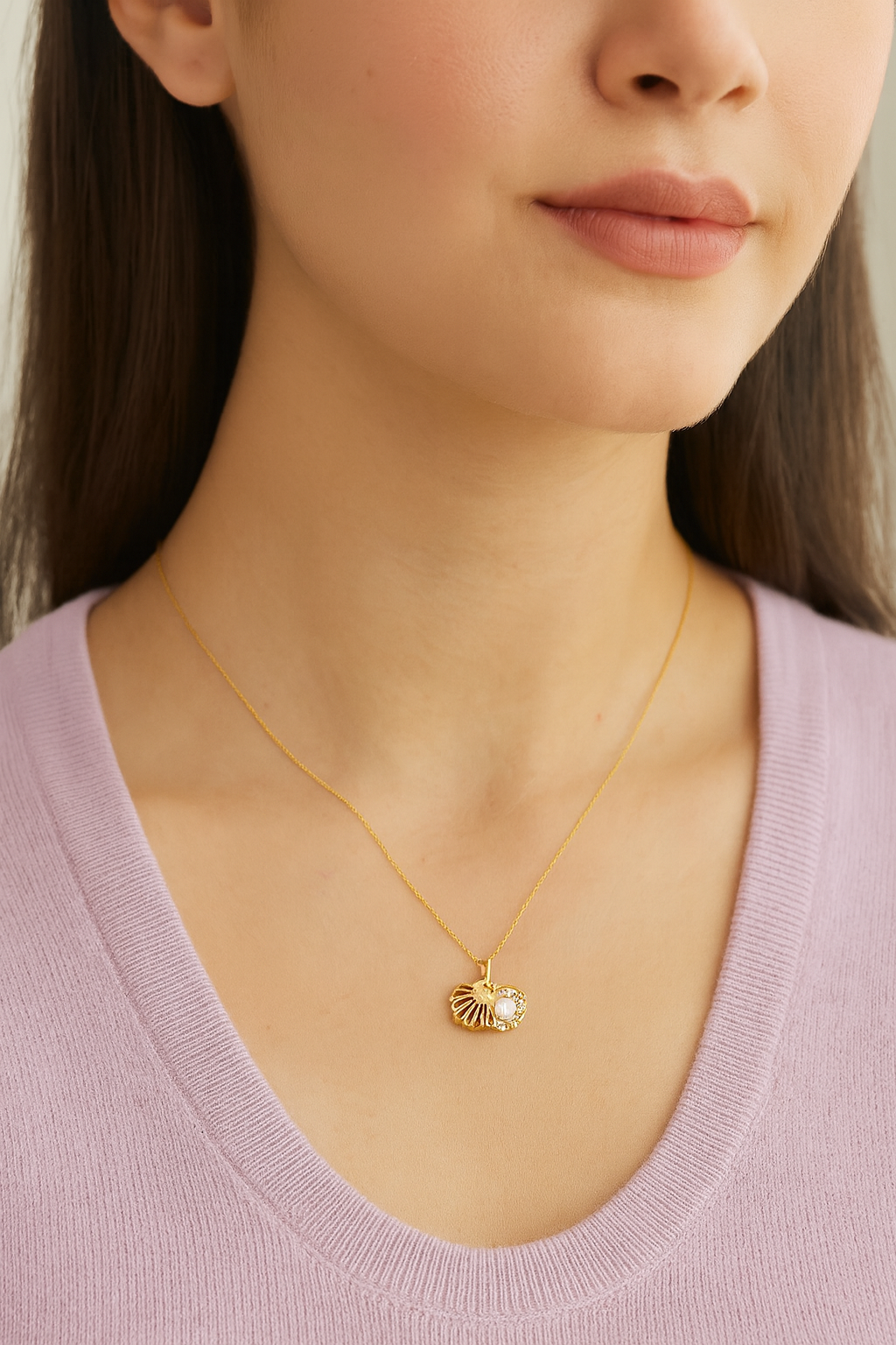 Gold-Plated Seashell Pendant Necklace with Pearl & CZ Accents
