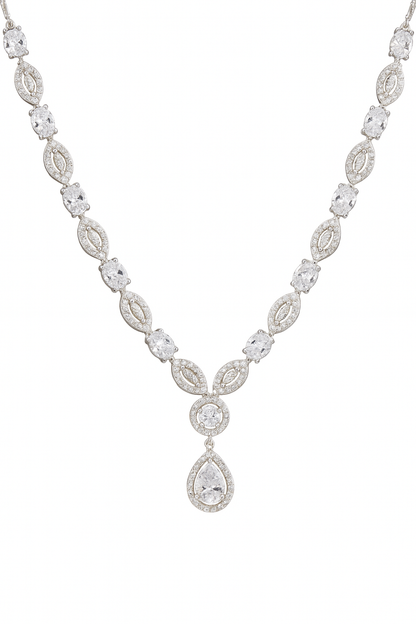 Graceful Silver-Toned CZ Diamond Necklace & Earrings Set with Teardrop Pendant