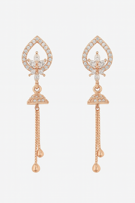 Rose Gold-Plated Floral Jhumki Drop Earrings with CZ Accents