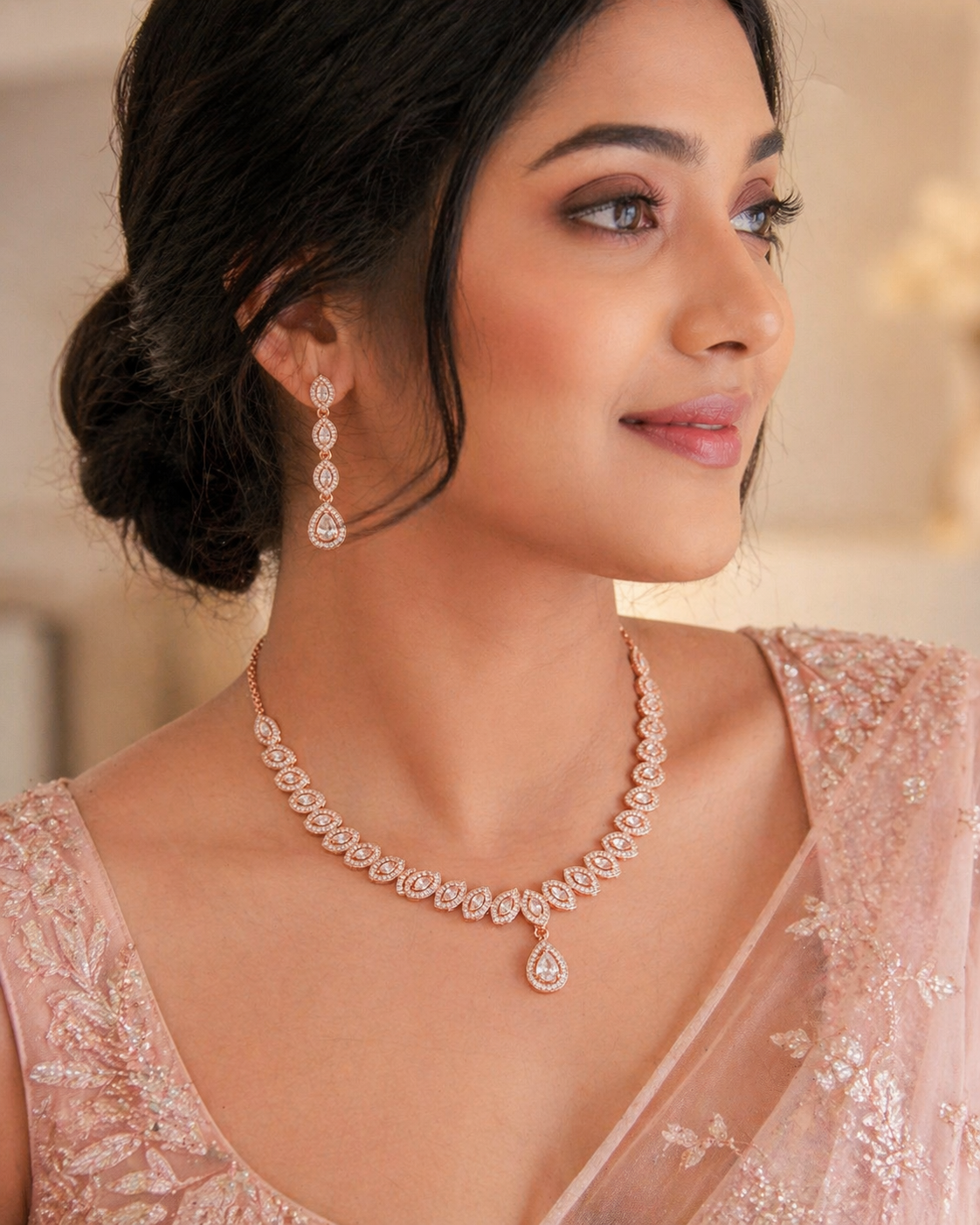 Rose Gold Plated Teardrop Crystal Necklace Set with Long Earrings – Luxury Bridal Jewellery