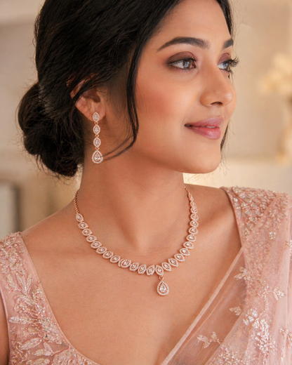 Rose Gold Plated Teardrop Crystal Necklace Set with Long Earrings – Luxury Bridal Jewellery