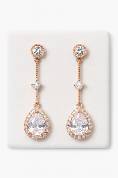 Rose Gold-Plated Linear Drop Earrings with Teardrop CZ Halo