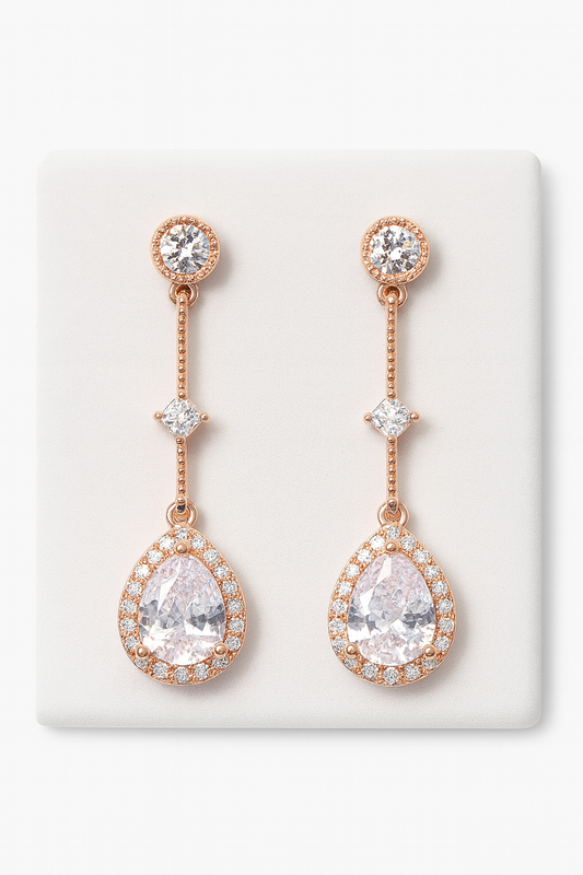 Rose Gold-Plated Linear Drop Earrings with Teardrop CZ Halo