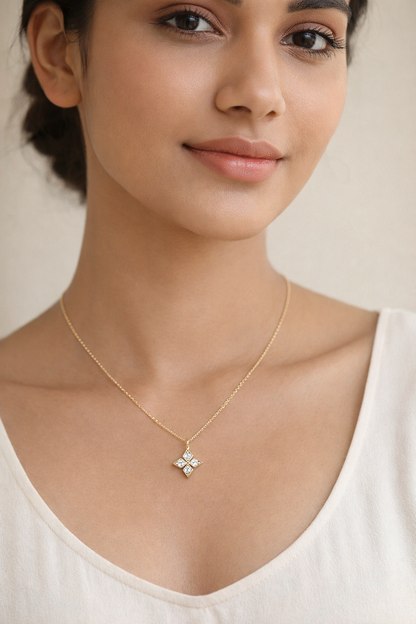 Gold-Plated Geometric Floral CZ Pendant Necklace for Women – Minimal Elegant Jewellery