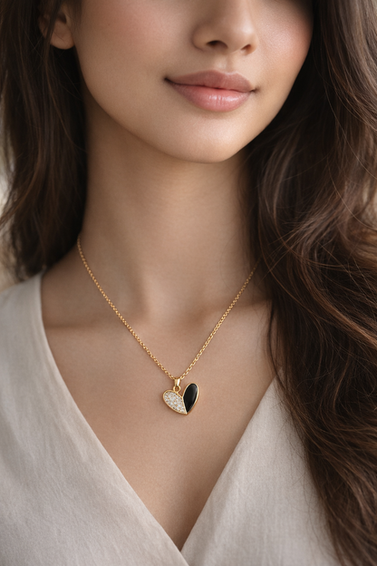 Gold-Plated Dual Tone Heart Pendant Necklace for Women – CZ & Black Enamel Romantic Jewellery