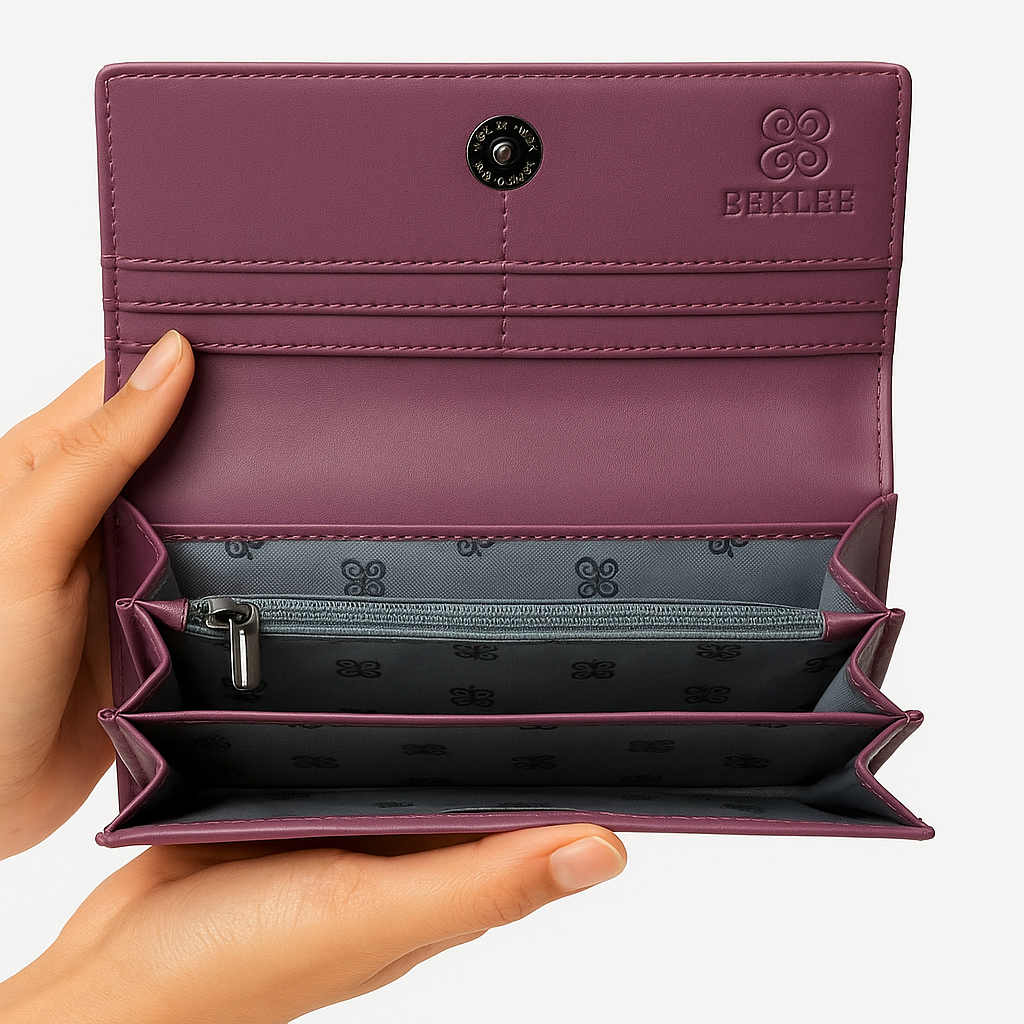 BEXLEE Women’s Premium Plum Textured Wallet – Stylish Faux Leather Clutch with Multiple Compartments & Secure Zipper Pocket