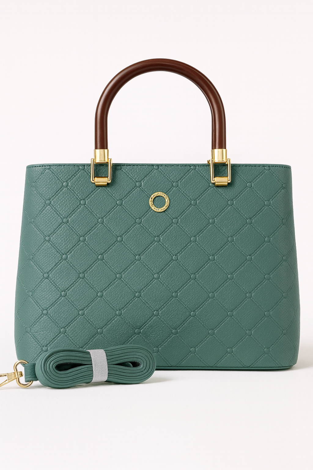 ZUBY Elegant Quilted Green Handbag – Dual-Tone Handles with Gold Accents & Detachable Strap