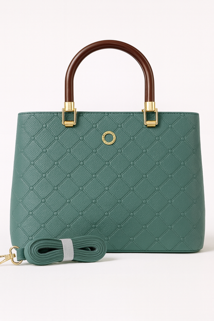 ZUBY Elegant Quilted Green Handbag – Dual-Tone Handles with Gold Accents & Detachable Strap