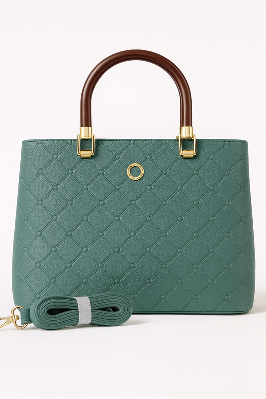 ZUBY Elegant Quilted Green Handbag – Dual-Tone Handles with Gold Accents & Detachable Strap