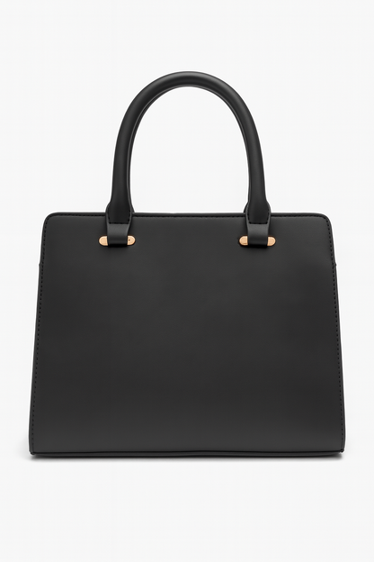 UNIQFEEL Elegant Black Structured Handbag with Front Flap Pocket & Gold Accents