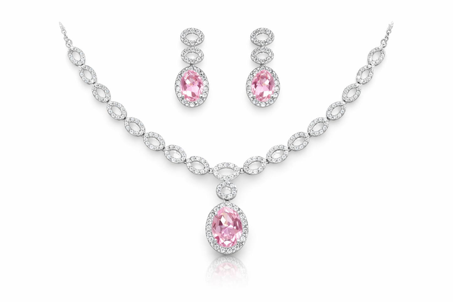 Silver-Plated Pink Crystal Necklace Set with Earrings – Diamond Look Bridal & Party Wear Jewellery