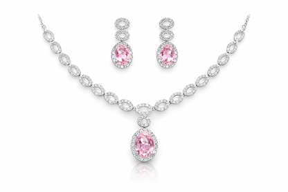 Silver-Plated Pink Crystal Necklace Set with Earrings – Diamond Look Bridal & Party Wear Jewellery