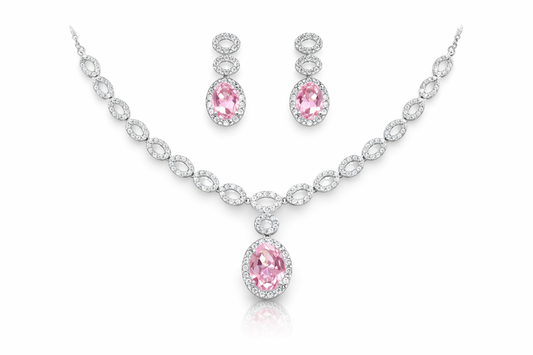 Silver-Plated Pink Crystal Necklace Set with Earrings – Diamond Look Bridal & Party Wear Jewellery