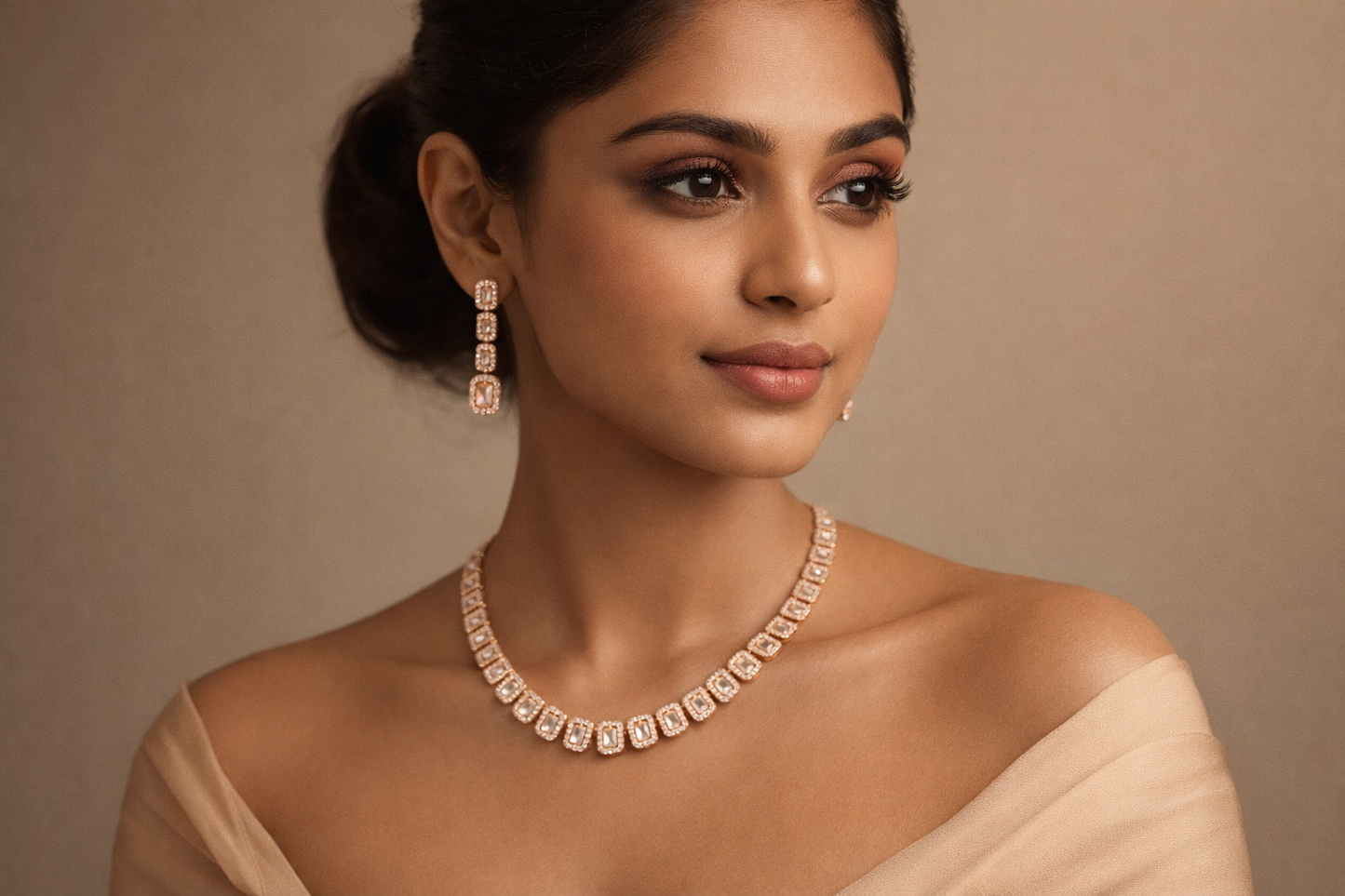 Rose Gold-Plated Geometric Crystal Necklace Set with Earrings – Luxury Diamond Look Jewellery