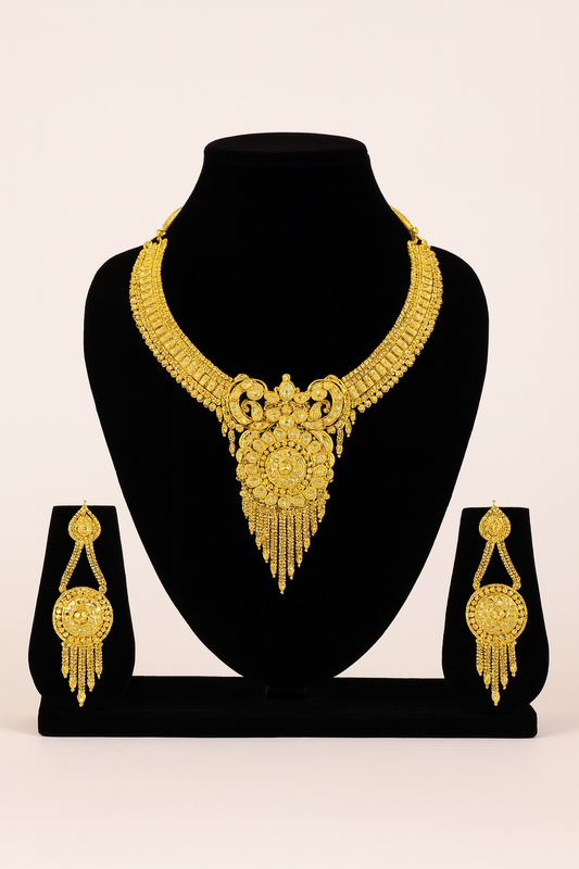 Antique Gold-Plated South Indian Bridal Necklace Set with Long Earrings – Temple Jewelry for Weddings