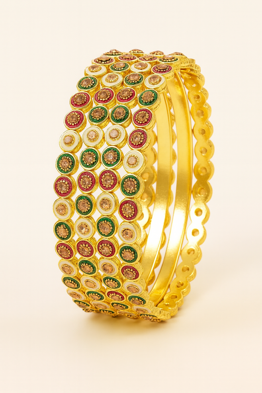 Gold-Plated Multicolor Circle Design Bangles for Women – Traditional Ethnic Kada Set of 4