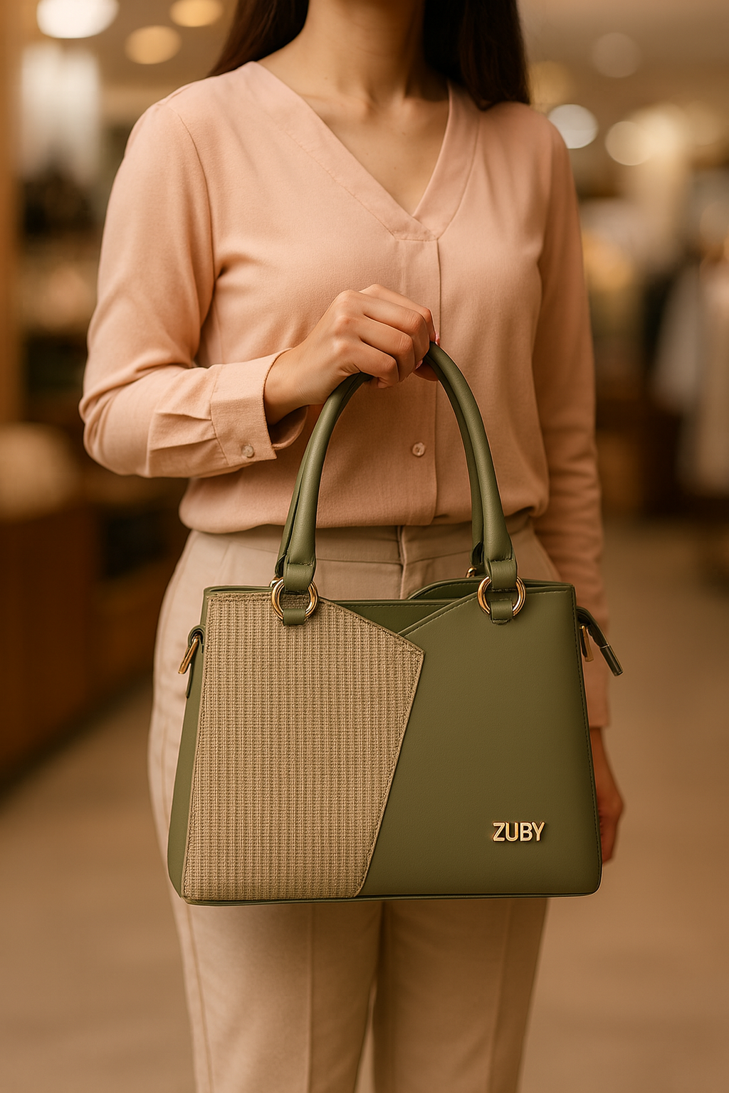 ZUBY Olive Green Textured Panel Handbag with Gold Logo – Elegant Designer Tote with Strap