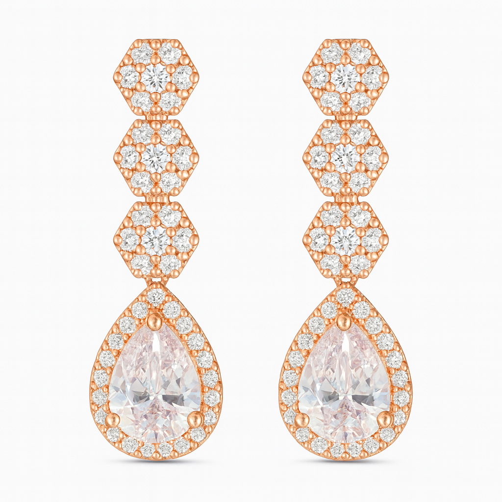 Rose-Gold Plated CZ Drop Earrings with Hexagon & Teardrop Design