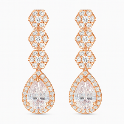 Rose-Gold Plated CZ Drop Earrings with Hexagon & Teardrop Design