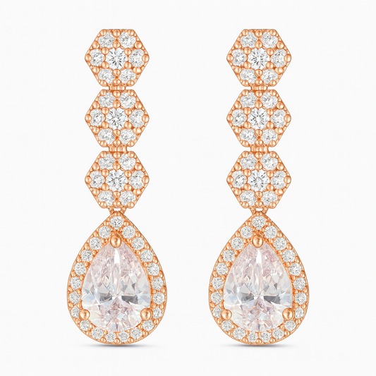 Rose-Gold Plated CZ Drop Earrings with Hexagon & Teardrop Design