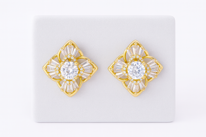 Gold-Plated Geometric CZ Stud Earrings with Baguette and Round Stone Detailing