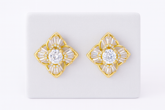 Gold-Plated Geometric CZ Stud Earrings with Baguette and Round Stone Detailing
