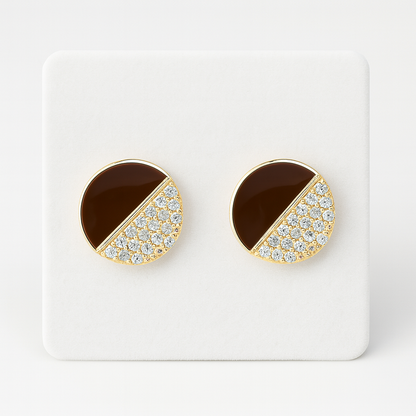 Gold-Plated Round Stud Earrings with Brown Enamel & CZ Detailing