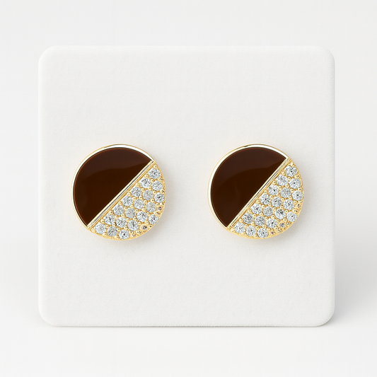 Gold-Plated Round Stud Earrings with Brown Enamel & CZ Detailing