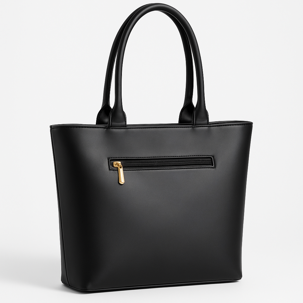 CELESTA Black Faux Leather Tote Bag for Women – Sleek Vertical Pleats, Spacious & Elegant with Gold Hardware