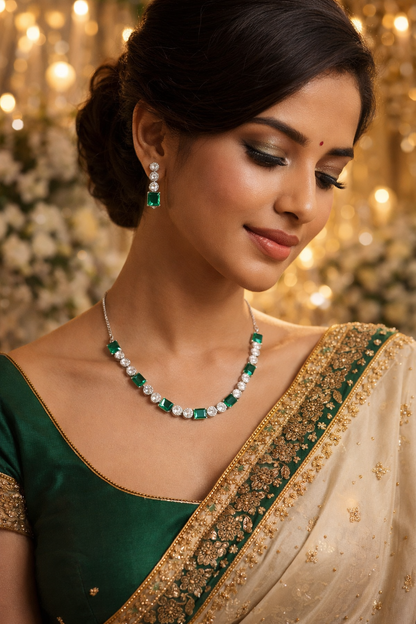 Silver-Plated Green Crystal Necklace Set with Earrings – Emerald Style Diamond Look Jewellery