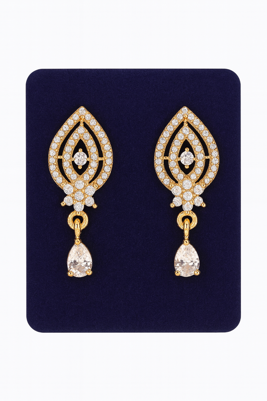 Gold-Plated Teardrop CZ Earrings with Intricate Halo Design