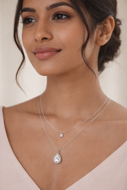 Silver-Plated Layered Teardrop CZ Pendant Necklace for Women – Elegant Double Layer Crystal Jewellery