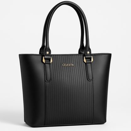 CELESTA Black Faux Leather Tote Bag for Women – Sleek Vertical Pleats, Spacious & Elegant with Gold Hardware