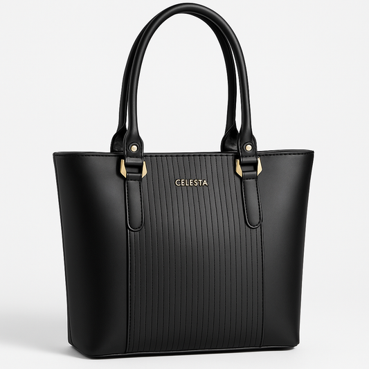 CELESTA Black Faux Leather Tote Bag for Women – Sleek Vertical Pleats, Spacious & Elegant with Gold Hardware