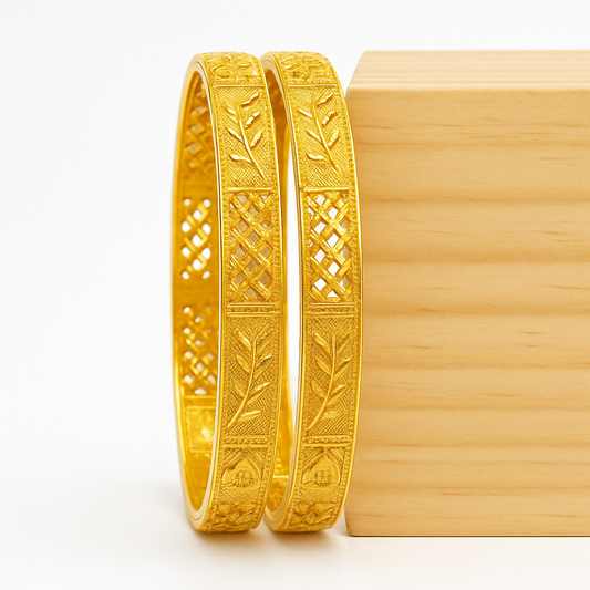 Traditional Gold Plated Designer Bangles with Cutwork & Leaf Motif – Set of 2
