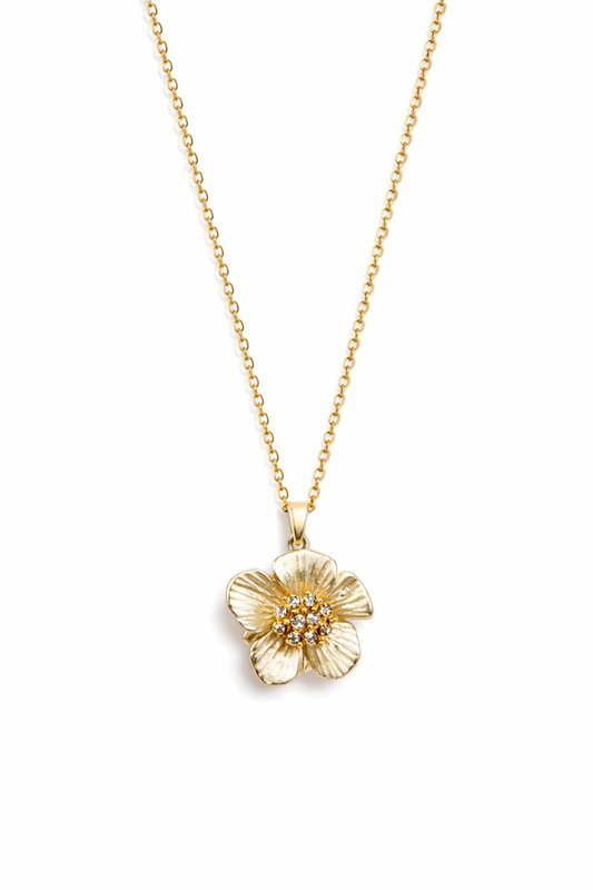 Gold-Plated Textured Floral Pendant Necklace for Women – Crystal Cluster Flower Jewellery