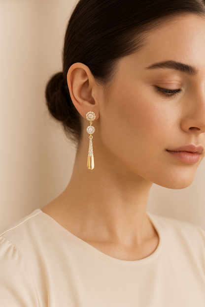 Gold-Plated CZ Encrusted Dual Circle & Long Drop Earrings
