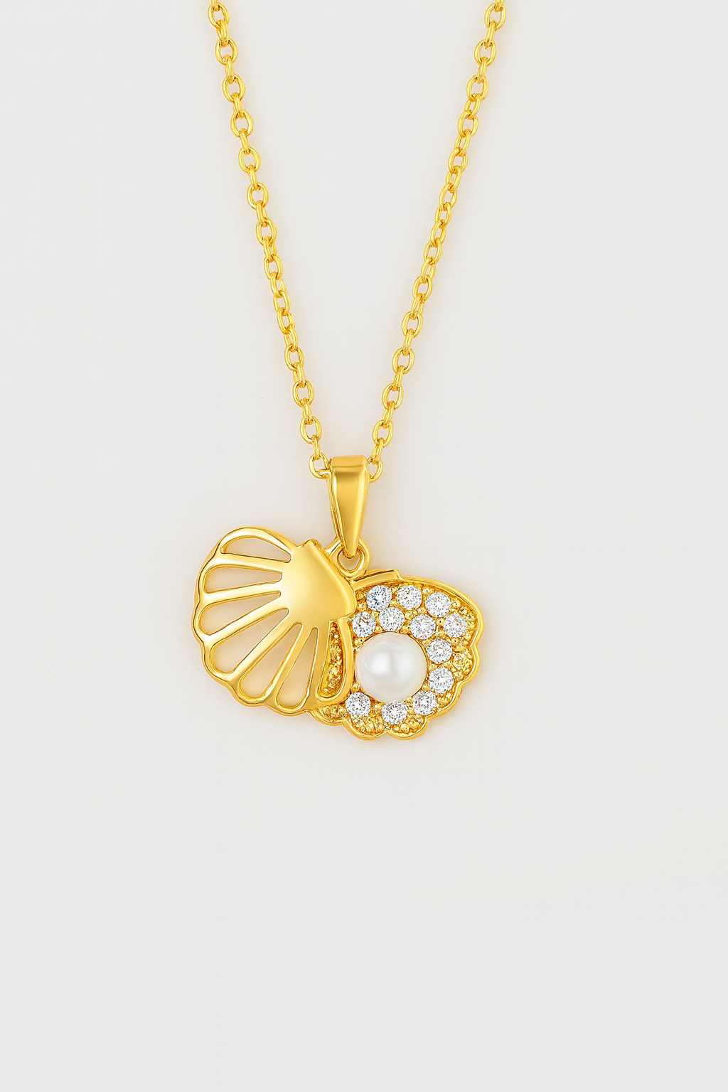 Gold-Plated Seashell Pendant Necklace with Pearl & CZ Accents