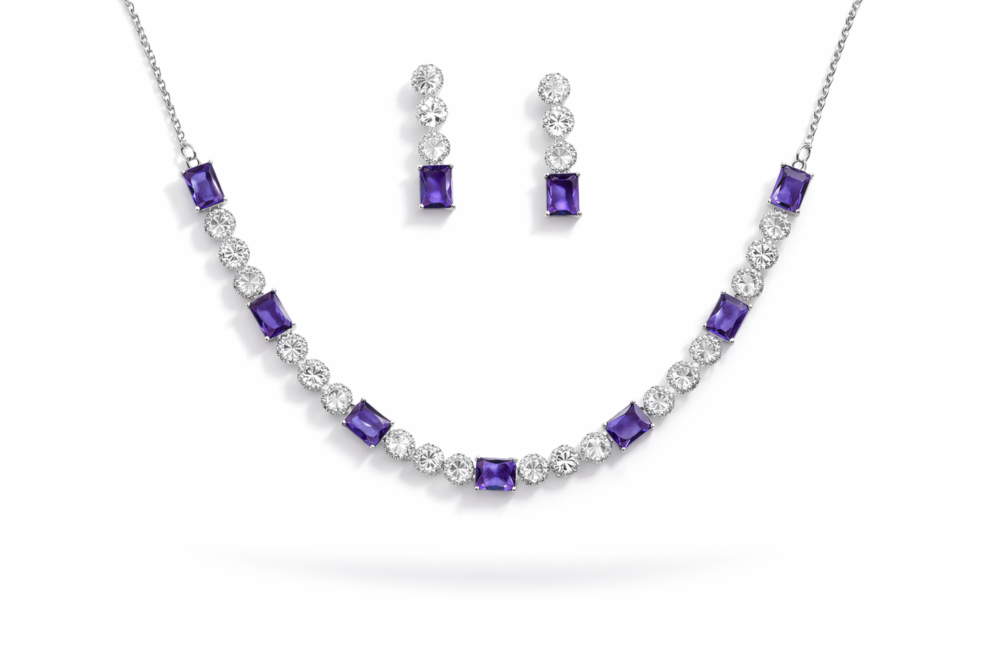 Silver-Plated Purple Crystal Necklace Set with Earrings – Diamond Look Party & Wedding Jewellery