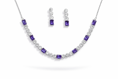 Silver-Plated Purple Crystal Necklace Set with Earrings – Diamond Look Party & Wedding Jewellery