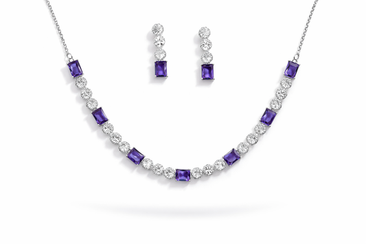 Silver-Plated Purple Crystal Necklace Set with Earrings – Diamond Look Party & Wedding Jewellery