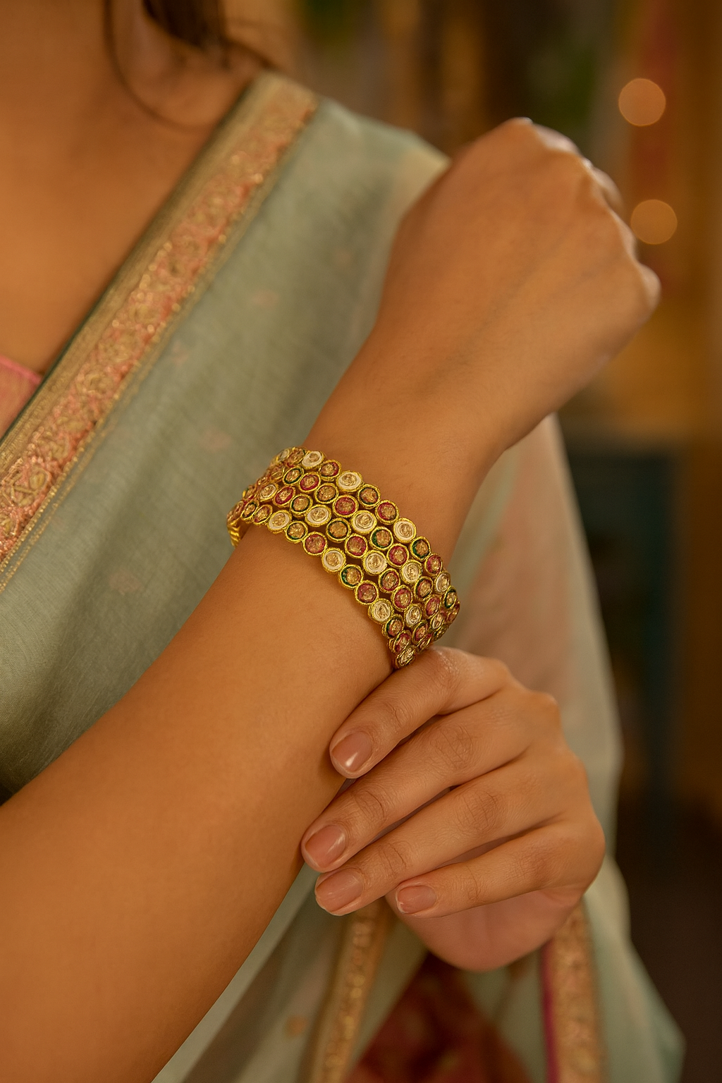 Gold-Plated Multicolor Circle Design Bangles for Women – Traditional Ethnic Kada Set of 4